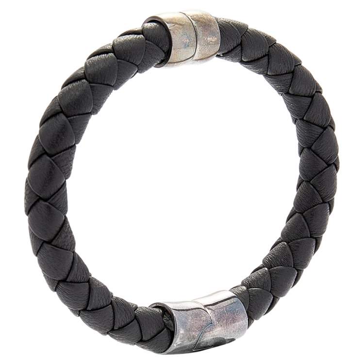 Pre Owned Bottega Veneta Black Intrecciato Leather Sterling Silver Bracelet 