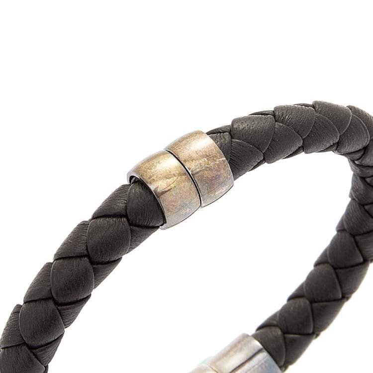 Pre Owned Bottega Veneta Black Intrecciato Leather Sterling Silver Bracelet 