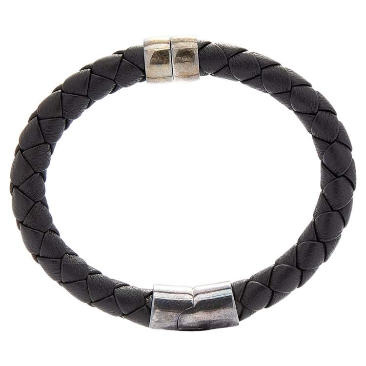 Pre Owned Bottega Veneta Black Intrecciato Leather Sterling Silver Bracelet 