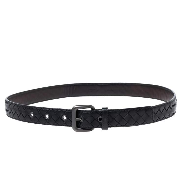 Pre Owned Bottega Veneta Black Intrecciato Leather Buckle Belt 90CM