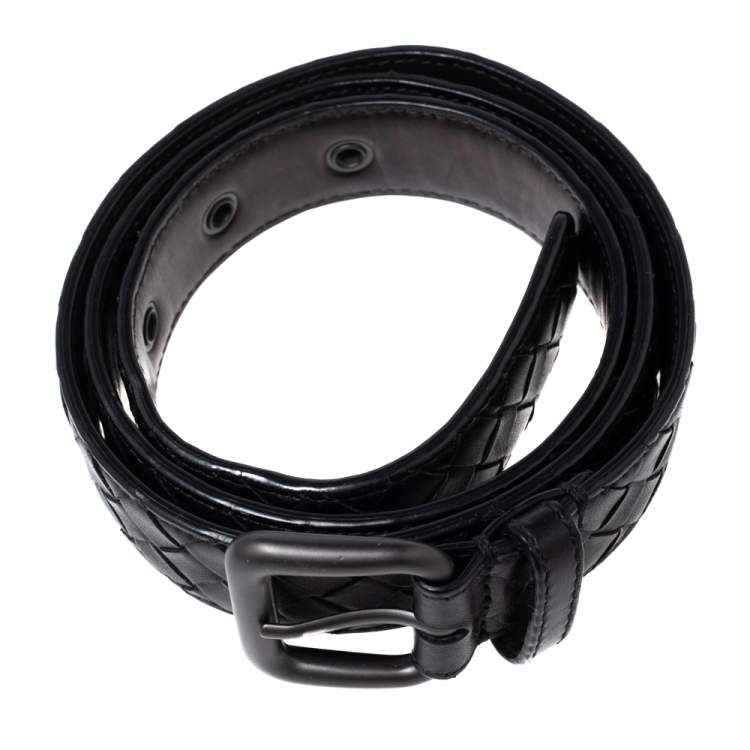 Pre Owned Bottega Veneta Black Intrecciato Leather Buckle Belt 90CM