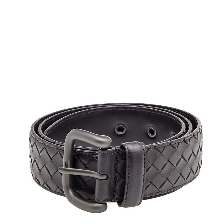 Pre Owned Bottega Veneta Brown Intrecciato Leather Buckle Belt 95CM