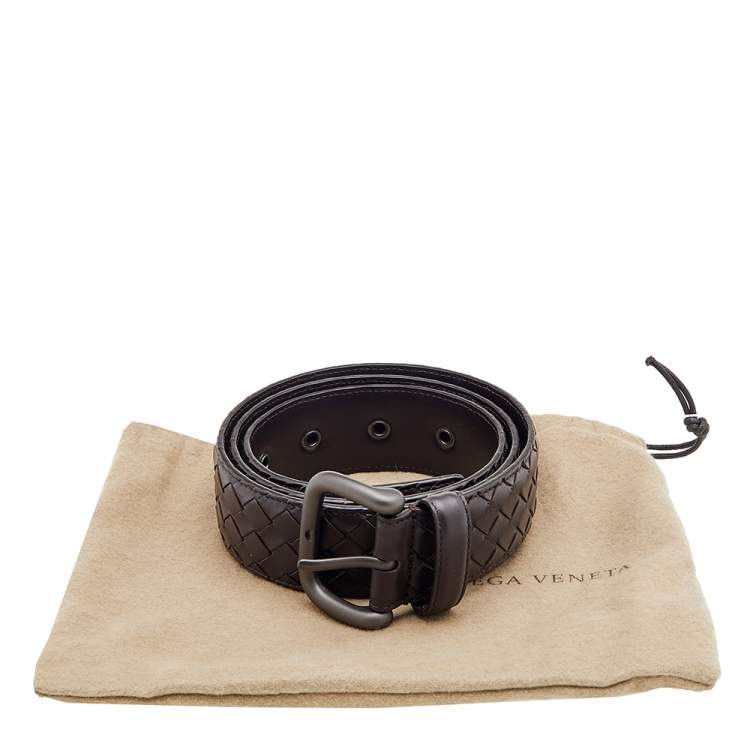 Pre Owned Bottega Veneta Brown Intrecciato Leather Buckle Belt 95CM