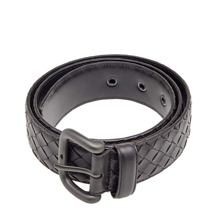 Pre Owned Bottega Veneta Brown Intrecciato Leather Buckle Belt 95CM