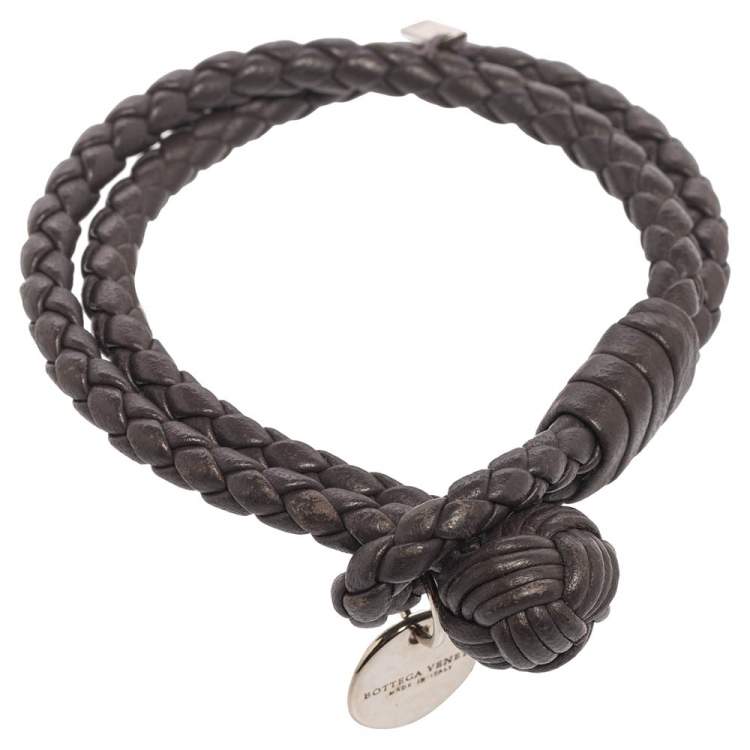 Pre Owned Bottega Veneta Dark  Brown Intrecciato Nappa Leather Knot Bracelet S