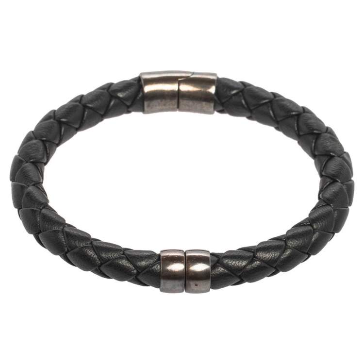 Pre Owned Bottega Veneta Black Intrecciato Leather Sterling Silver Cuff Bracelet