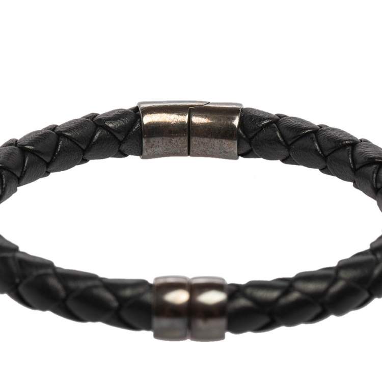 Pre Owned Bottega Veneta Black Intrecciato Leather Sterling Silver Cuff Bracelet