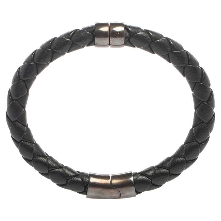 Pre Owned Bottega Veneta Black Intrecciato Leather Sterling Silver Cuff Bracelet