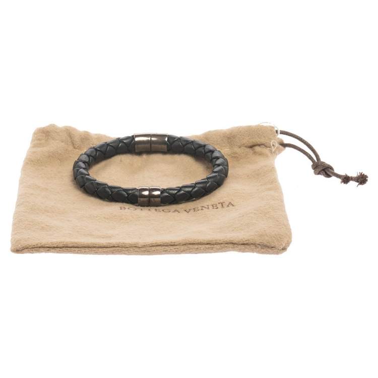 Pre Owned Bottega Veneta Black Intrecciato Leather Sterling Silver Cuff Bracelet