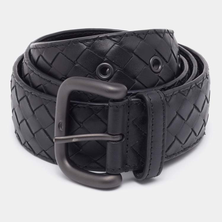 Pre Owned Bottega Veneta Black Intrecciato Leather Buckle Belt 