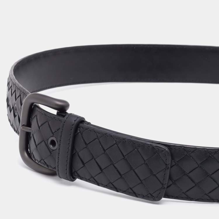 Pre Owned Bottega Veneta Black Intrecciato Leather Buckle Belt 