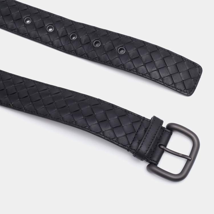 Pre Owned Bottega Veneta Black Intrecciato Leather Buckle Belt 