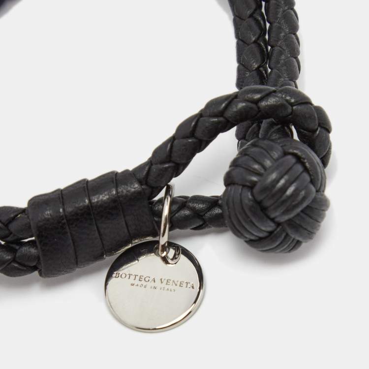 Pre Owned Bottega Veneta Black Intrecciato Leather Silver Tone Knot Bracelet 