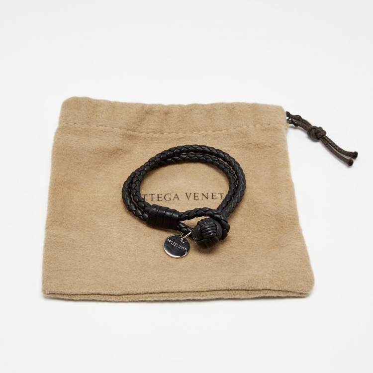 Pre Owned Bottega Veneta Black Intrecciato Leather Silver Tone Knot Bracelet 