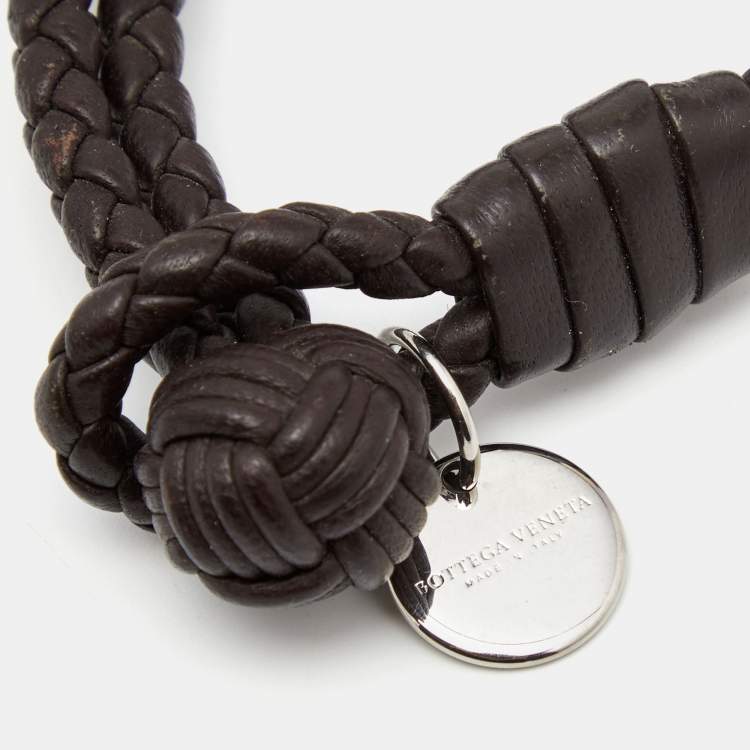 Pre Owned Bottega Veneta Intrecciato Brown Leather Double Strand Bracelet S