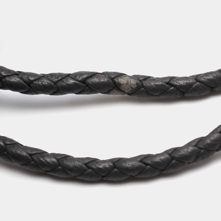 Pre Owned Bottega Veneta Grey Braided Leather Gunmetal Tone Adjustable Bracelet