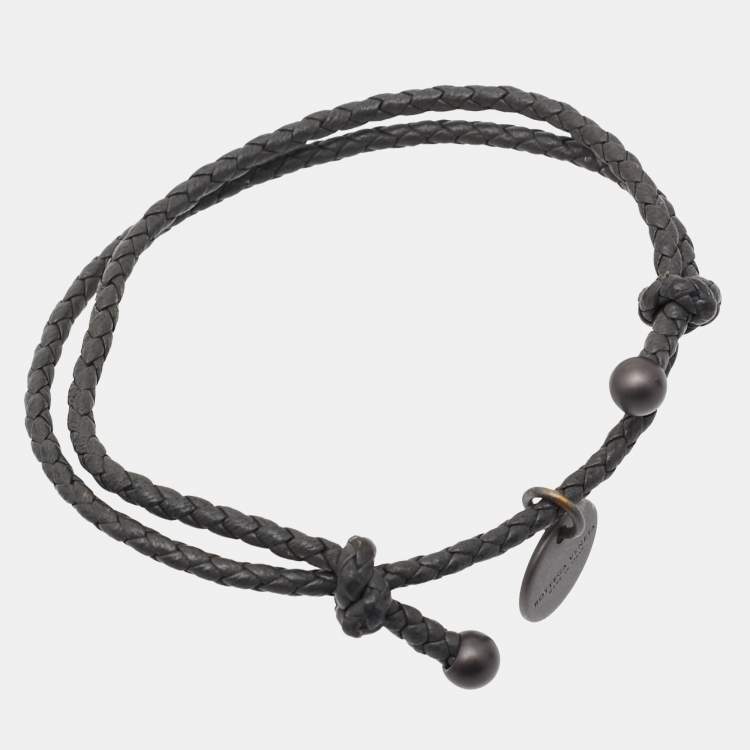Pre Owned Bottega Veneta Grey Braided Leather Gunmetal Tone Adjustable Bracelet