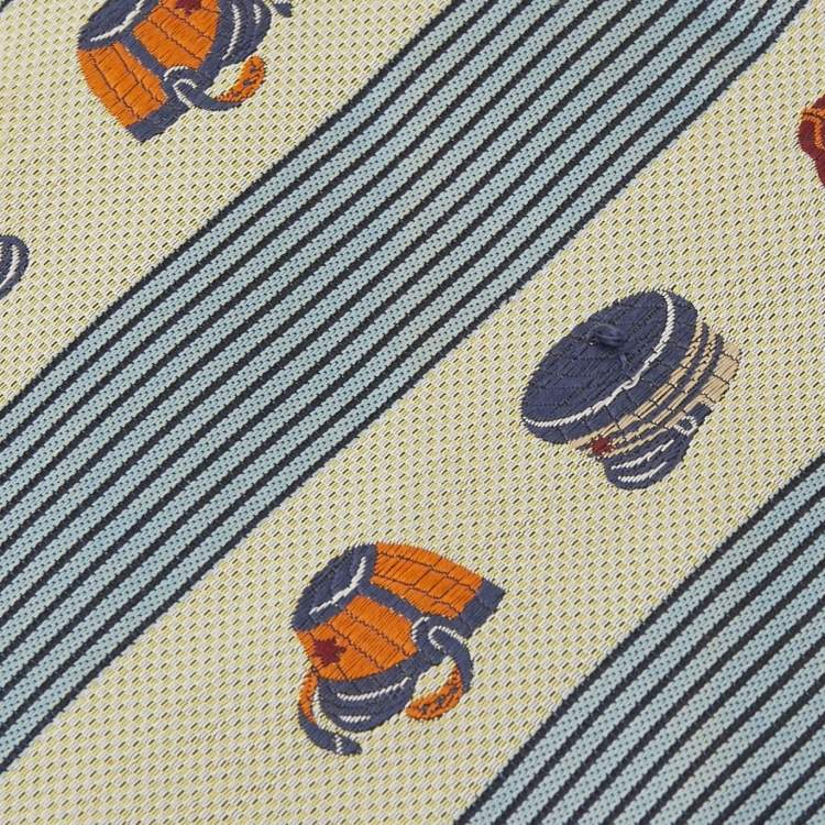 Pre Owned Bottega Veneta Vintage Beige Striped Hat Pattern Silk Tie