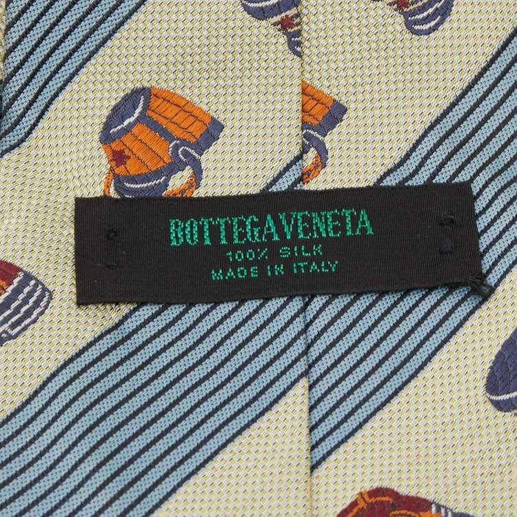 Pre Owned Bottega Veneta Vintage Beige Striped Hat Pattern Silk Tie