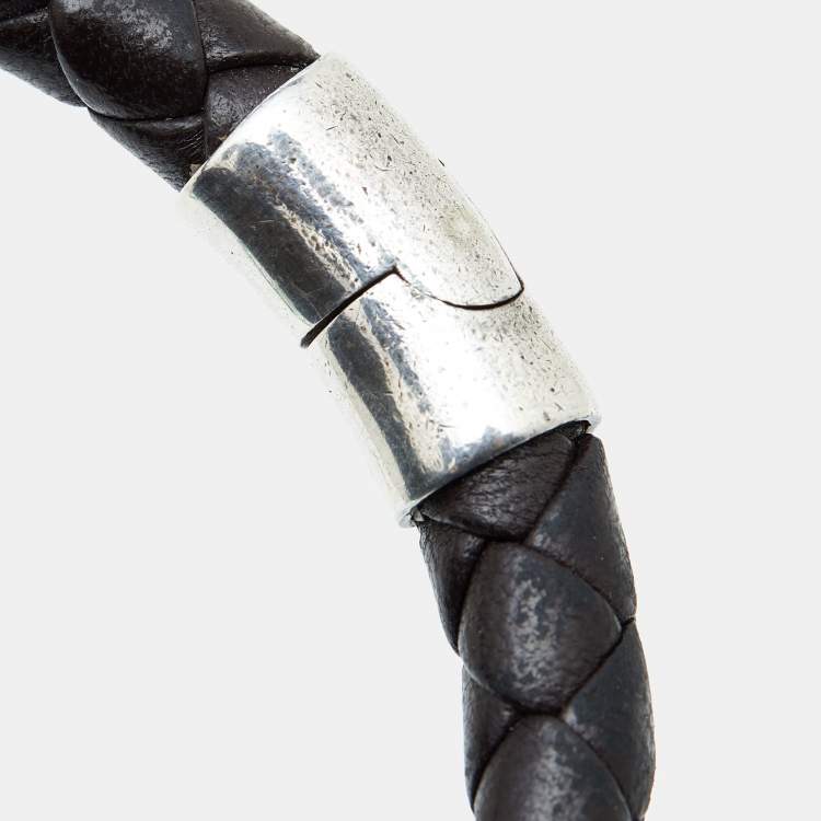 Pre Owned Bottega Veneta Woven Leather Sterling Silver Bracelet