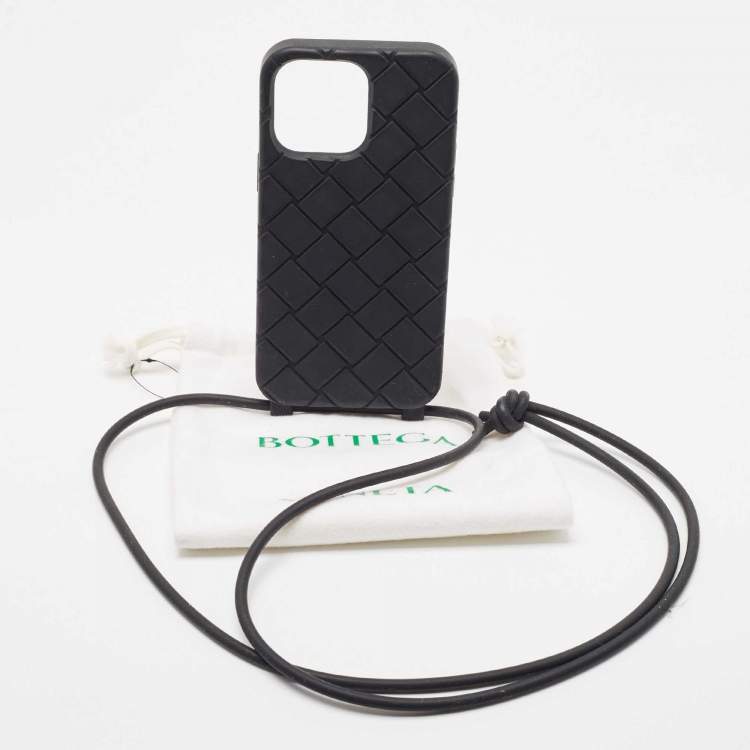 Pre Owned Bottega Veneta Black Intrecciato Rubber iPhone 14 Pro Max Case On Strap