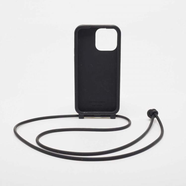 Pre Owned Bottega Veneta Black Intrecciato Rubber iPhone 14 Pro Max Case On Strap
