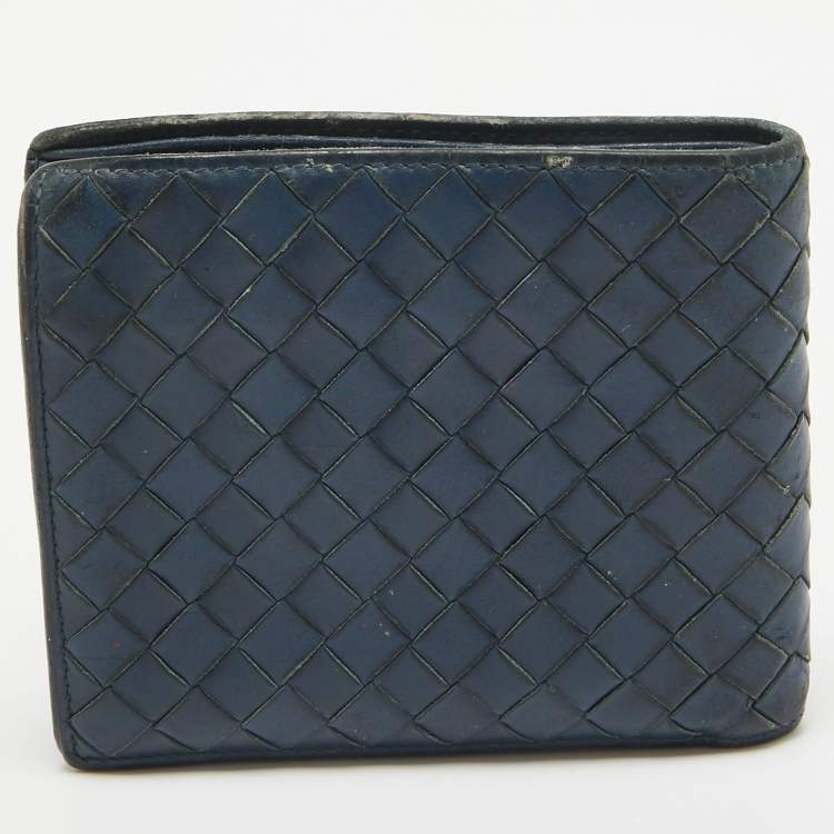 Pre Owned Bottega Veneta Dark Blue Intrecciato Leather Bifold Wallet