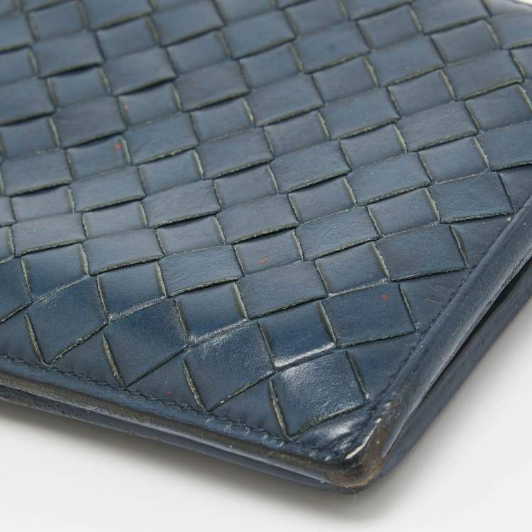 Pre Owned Bottega Veneta Dark Blue Intrecciato Leather Bifold Wallet