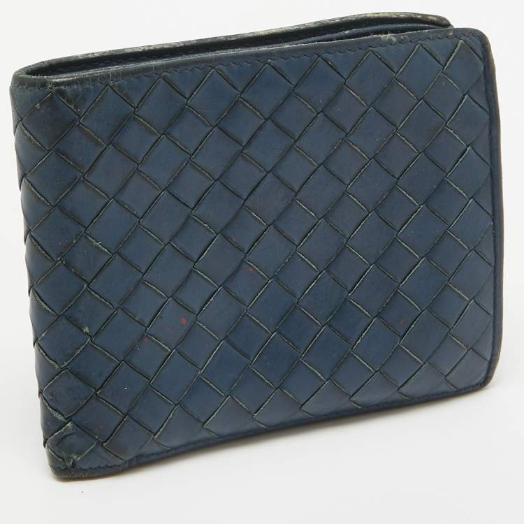 Pre Owned Bottega Veneta Dark Blue Intrecciato Leather Bifold Wallet