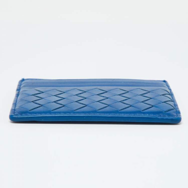 Pre Owned Bottega Veneta Blue Intrecciato Leather Card Holder