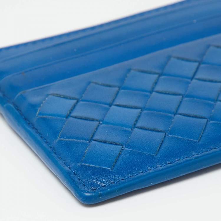 Pre Owned Bottega Veneta Blue Intrecciato Leather Card Holder