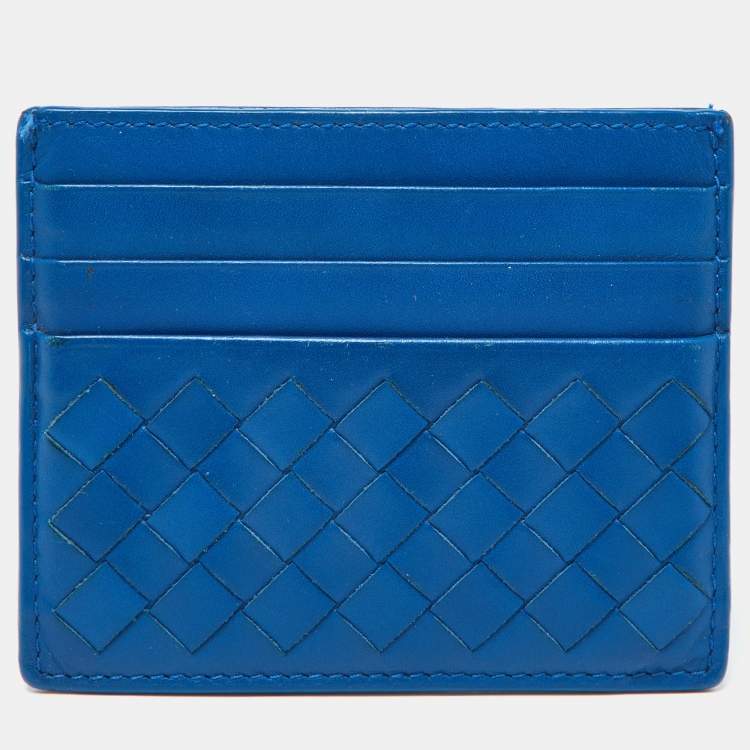 Pre Owned Bottega Veneta Blue Intrecciato Leather Card Holder