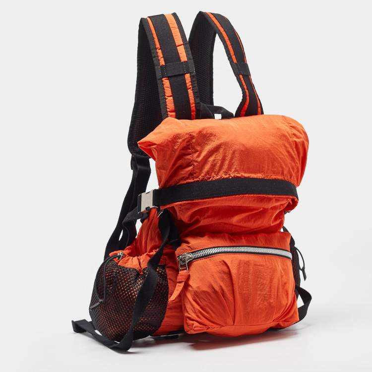 Pre Owned Bottega Veneta Orange Nylon Webbing Trimmed Shell Backpack