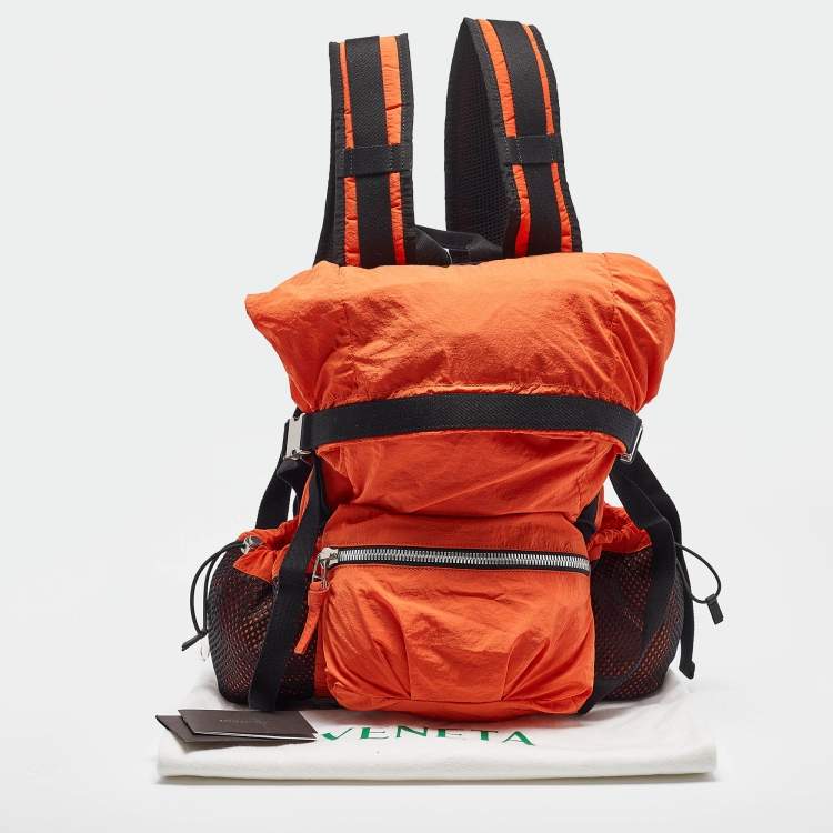 Pre Owned Bottega Veneta Orange Nylon Webbing Trimmed Shell Backpack