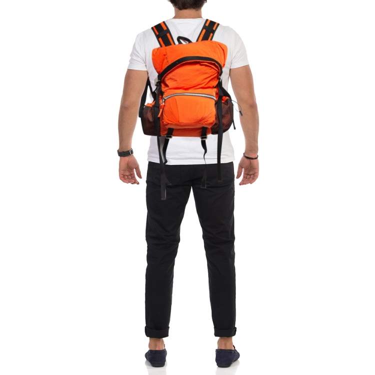 Pre Owned Bottega Veneta Orange Nylon Webbing Trimmed Shell Backpack