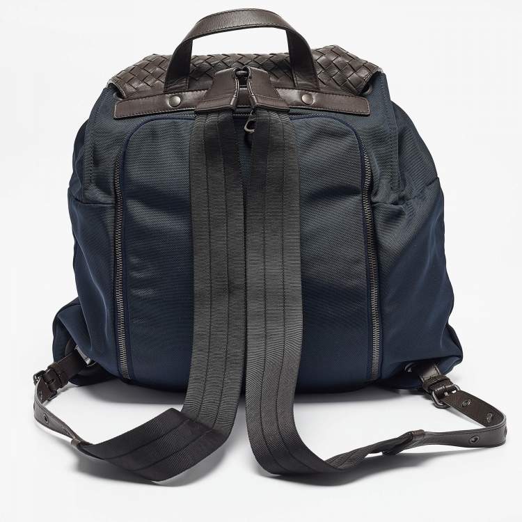 Pre Owned Bottega Veneta Navy Blue/Brown Intrecciato Leather and Nylon Flap Backpack