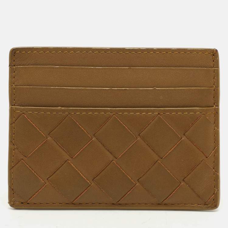 Pre Owned Bottega Veneta Gold Intrecciato Leather Card Holder