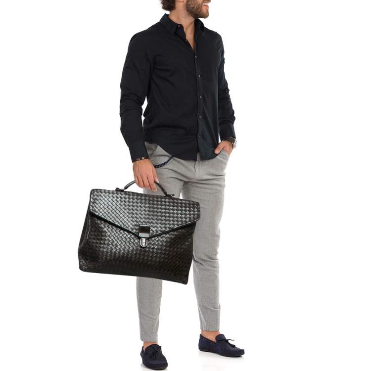 Pre Owned Bottega Veneta Dark Brown Intrecciato Leather Envelope Flap Briefcase