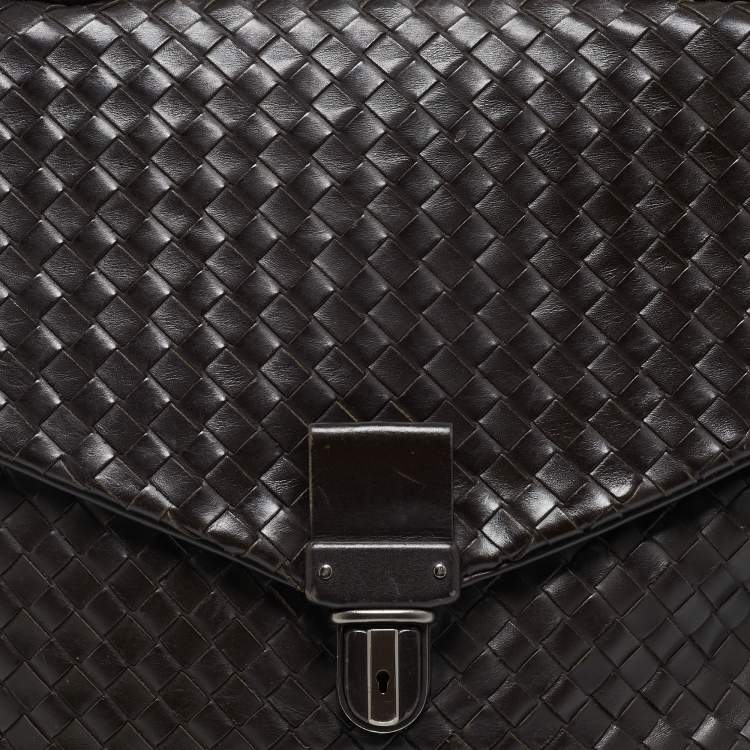 Pre Owned Bottega Veneta Dark Brown Intrecciato Leather Envelope Flap Briefcase