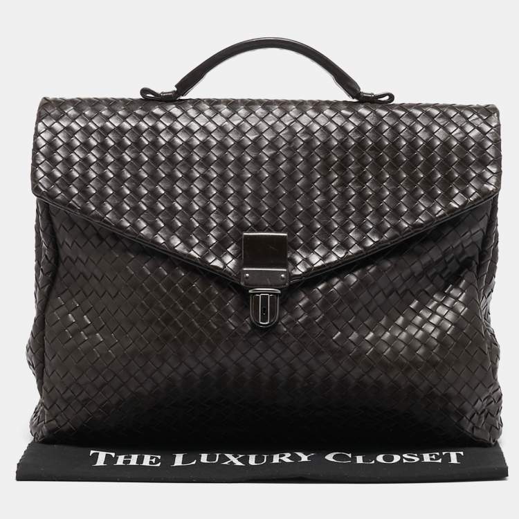 Pre Owned Bottega Veneta Dark Brown Intrecciato Leather Envelope Flap Briefcase