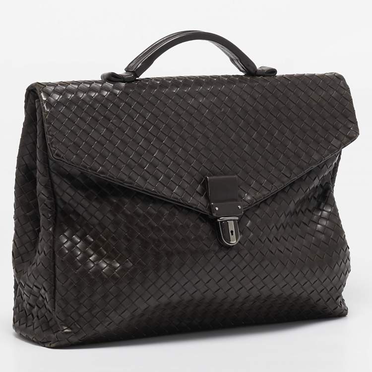 Pre Owned Bottega Veneta Dark Brown Intrecciato Leather Envelope Flap Briefcase