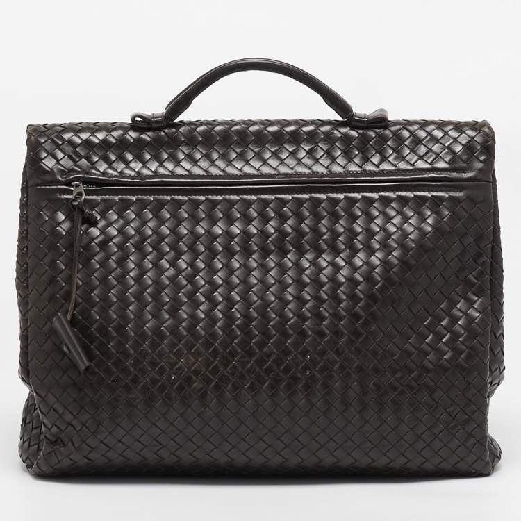Pre Owned Bottega Veneta Dark Brown Intrecciato Leather Envelope Flap Briefcase