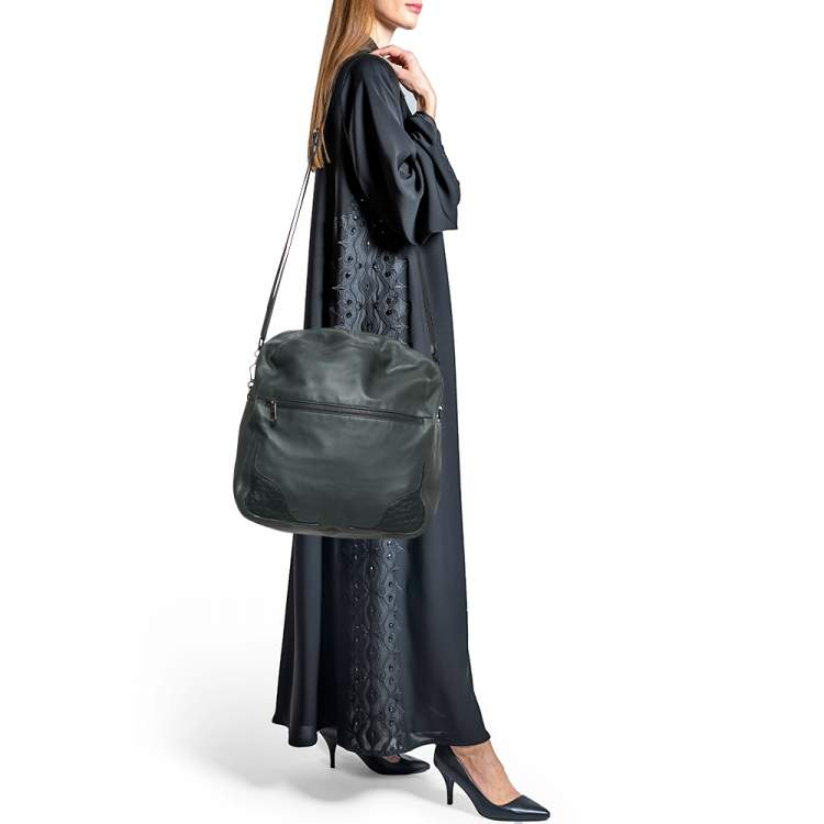 Pre Owned Bottega Veneta Dark Grey Leather and Ostrich Messenger Bag