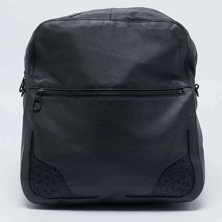 Pre Owned Bottega Veneta Dark Grey Leather and Ostrich Messenger Bag