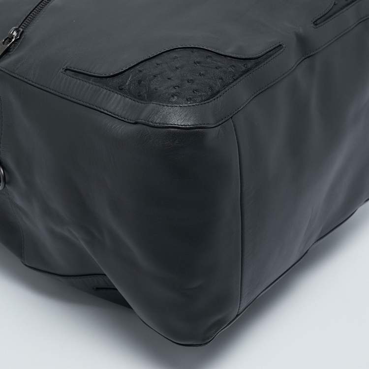 Pre Owned Bottega Veneta Dark Grey Leather and Ostrich Messenger Bag