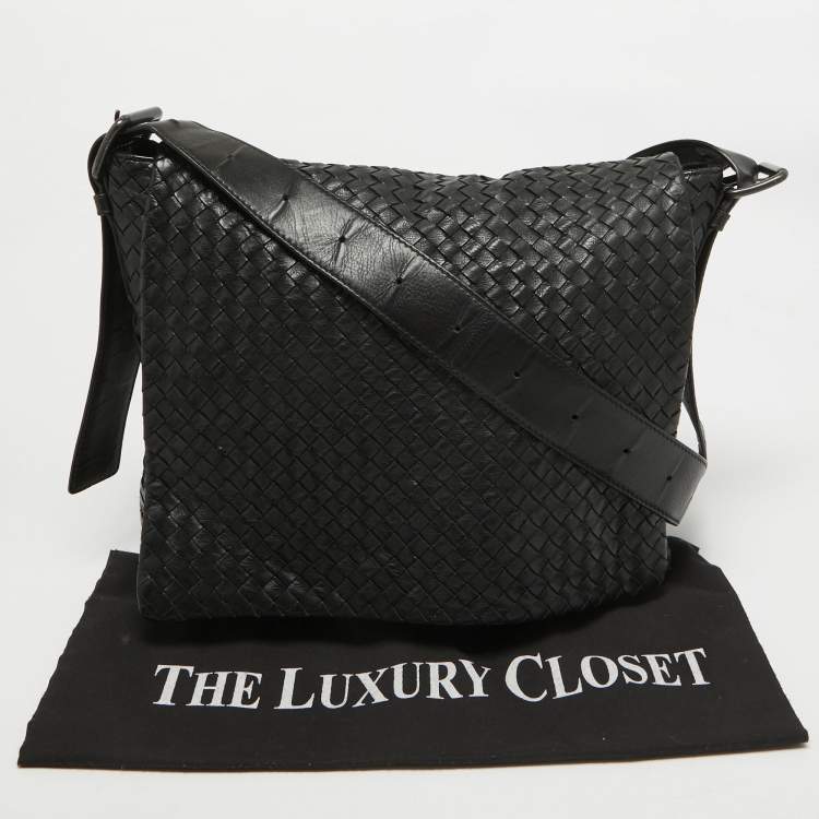 Pre Owned Bottega Veneta Black Intrecciato Leather Flap Messenger Bag