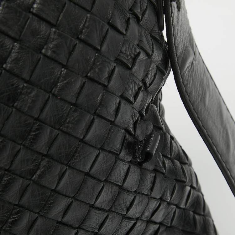 Pre Owned Bottega Veneta Black Intrecciato Leather Flap Messenger Bag