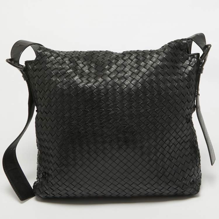 Pre Owned Bottega Veneta Black Intrecciato Leather Flap Messenger Bag