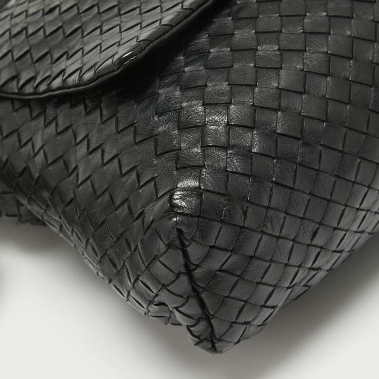 Pre Owned Bottega Veneta Black Intrecciato Leather Flap Messenger Bag