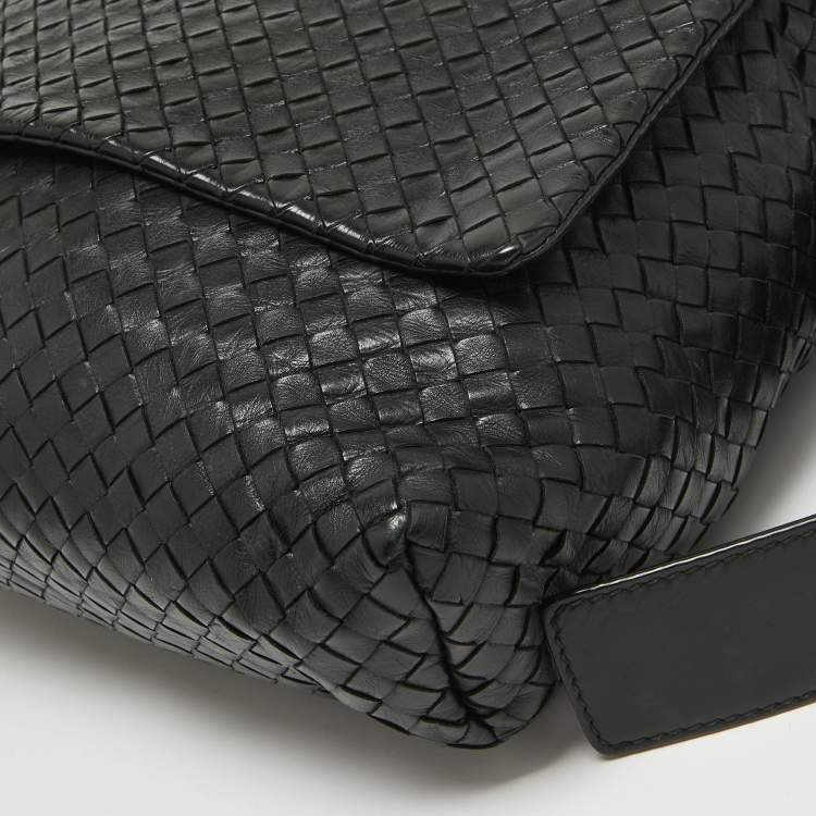 Pre Owned Bottega Veneta Black Intrecciato Leather Flap Messenger Bag